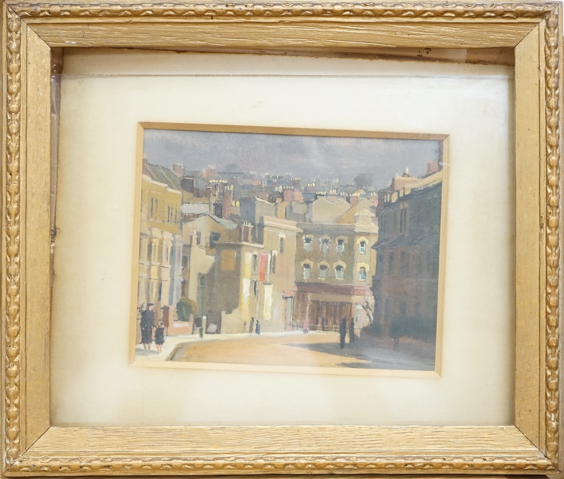 Modern British, Street scene with figures, oil, 12 x 13.5cm